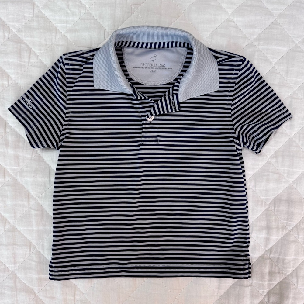 Properly Tied Performance Tee- Navy and Gray Stripes